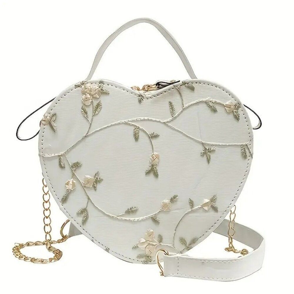 Elegant Heart-Shaped Floral Embroidery Crossbody Bag NWT​